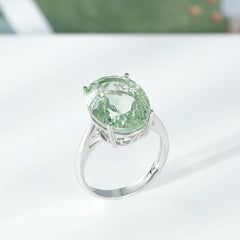 Luxury Retro 925 Sterling Silver Ring Large Grain Natural Green Amethyst Gemstone Inlaid Ring