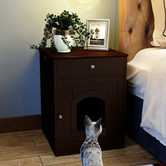 Wooden Pet House Cat Litter Box Enclosure With Drawer, Side Table, Indoor Pet Crate, Cat Home Nightstand Brown