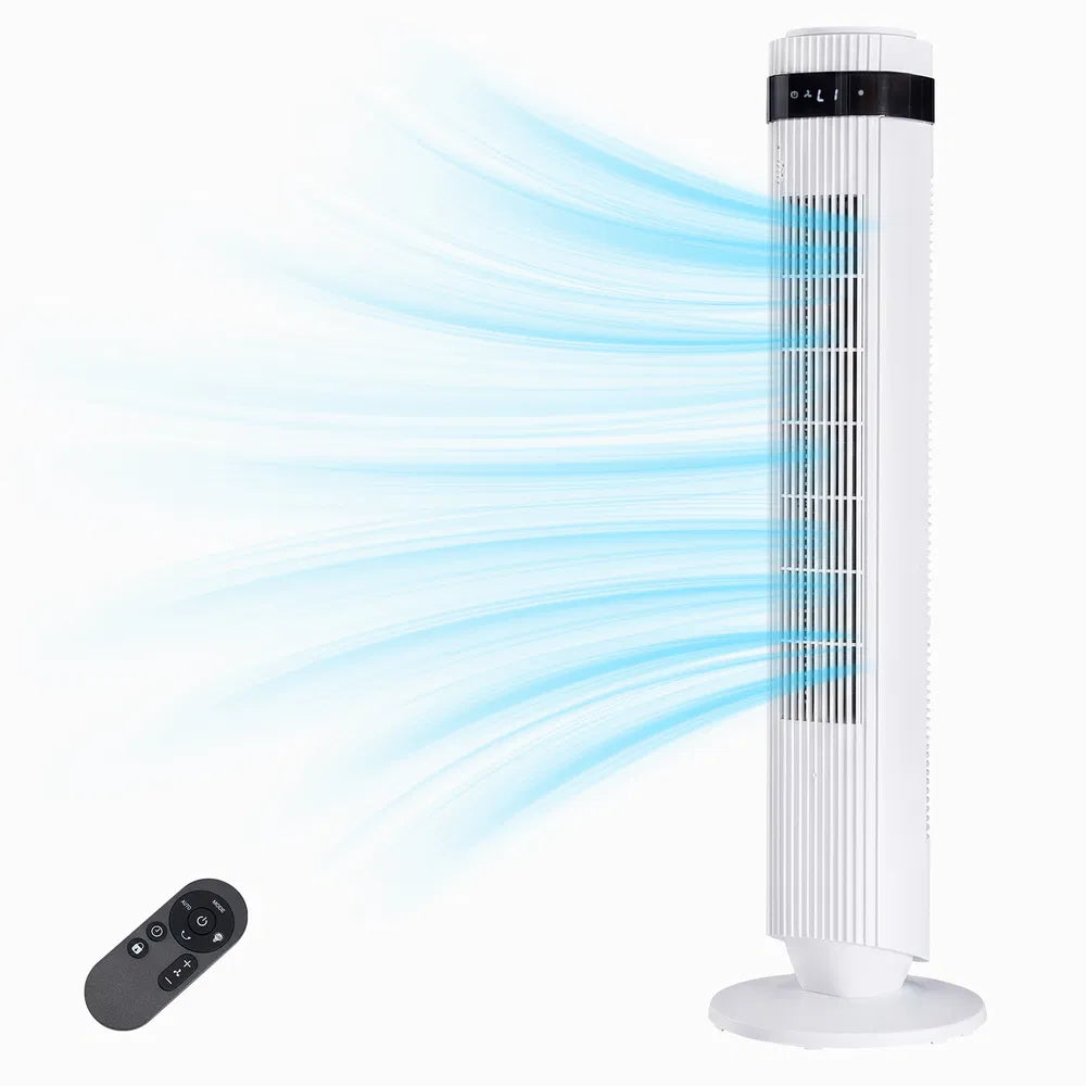 The Bedroom Is Equipped With A Silent Tower-type Fan, A 28-decibel Standing Fan, Intelligent Automatic Mode, And A 64' Swivel Bladeless Cooling Fan.