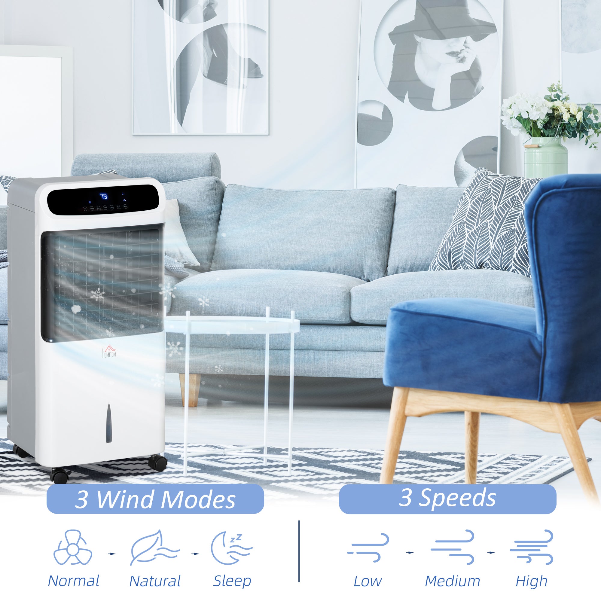 32" Evaporative Air Cooler with 3.2 Gal Water Tank, 60° Oscillating, 3-In-1 Ice Cooling Fan, Portable Swamp Cooler with Humidifier for Home Office, 3 Modes, 3 Speeds, 12H Timer, Remote, White