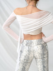 Fake Two Piece One Shoulder Slim Fit Stretch Knit Long Sleeve Top
