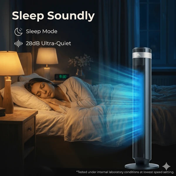The Bedroom Is Equipped With A Silent Tower-type Fan, A 28-decibel Standing Fan, Intelligent Automatic Mode, And A 64' Swivel Bladeless Cooling Fan.