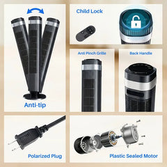 The Bedroom Is Equipped With A Silent Tower-type Fan, A 28-decibel Standing Fan, Intelligent Automatic Mode, And A 64' Swivel Bladeless Cooling Fan.