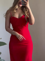 Red Sexy Back Slit Suspender Maxi Dress