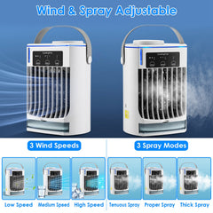 Portable Air Conditioner Fan Evaporative Humidifier 3 Speed Spray Personal Cold Mist Air Cooler Desk Table Fan Water Tank Night Light Adjustable Angel Room Home Office