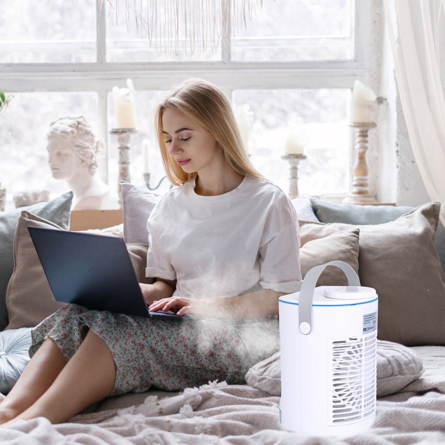 Portable Air Conditioner Fan Evaporative Humidifier 3 Speed Spray Personal Cold Mist Air Cooler Desk Table Fan Water Tank Night Light Adjustable Angel Room Home Office