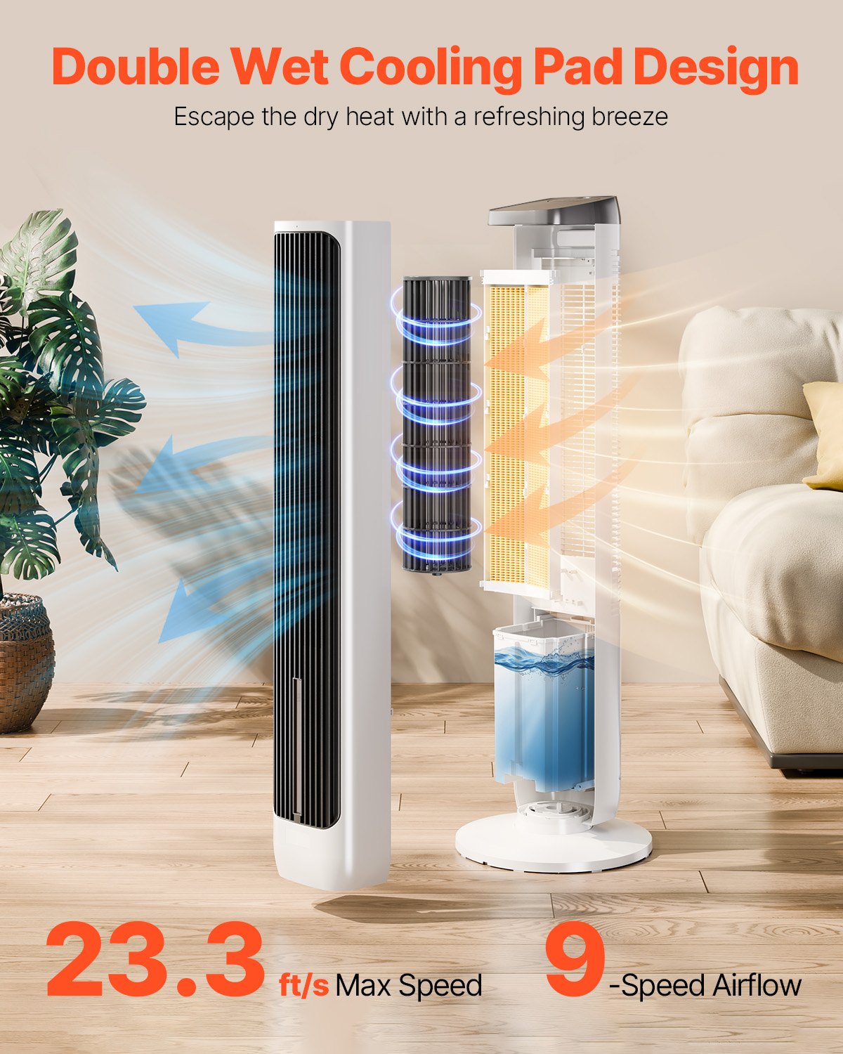 Oscillating Tower Fan 24H Timer High Velocity With Remote Control