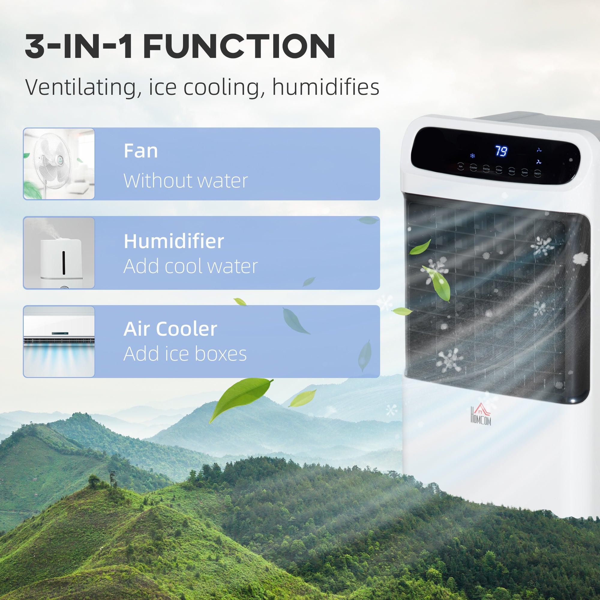 32" Evaporative Air Cooler with 3.2 Gal Water Tank, 60° Oscillating, 3-In-1 Ice Cooling Fan, Portable Swamp Cooler with Humidifier for Home Office, 3 Modes, 3 Speeds, 12H Timer, Remote, White