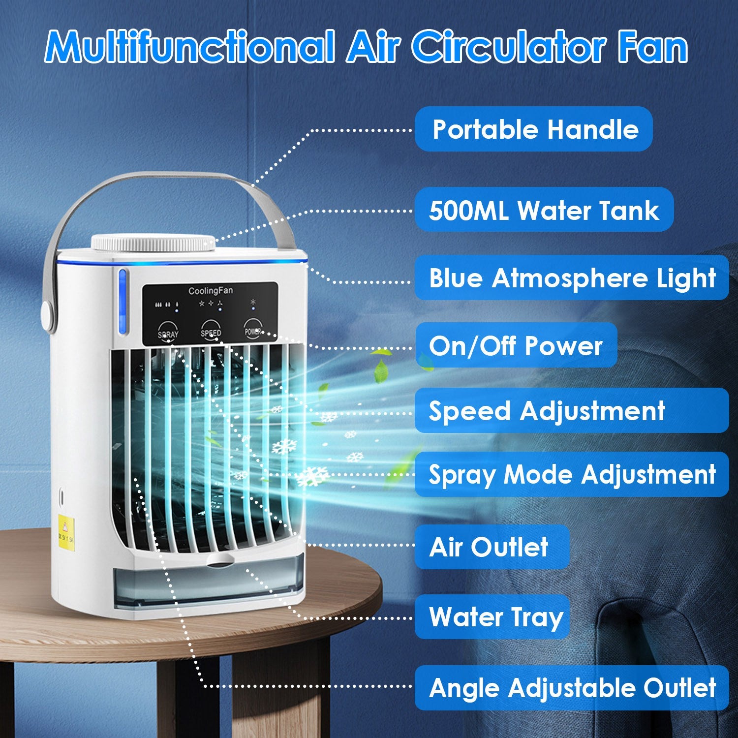 Portable Air Conditioner Fan Evaporative Humidifier 3 Speed Spray Personal Cold Mist Air Cooler Desk Table Fan Water Tank Night Light Adjustable Angel Room Home Office