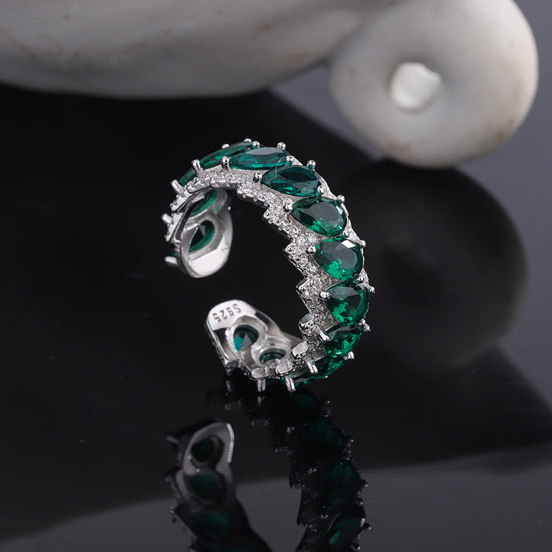 S925 Sterling Silver Green Dropstone Hollow Adjustable Ring
