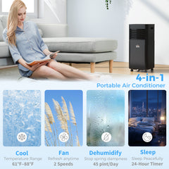 8000 BTU Portable Air Conditioner with Dehumidifier, Cooling Fan, Sleep, Remote, 24H Timer, Auto Off, Black