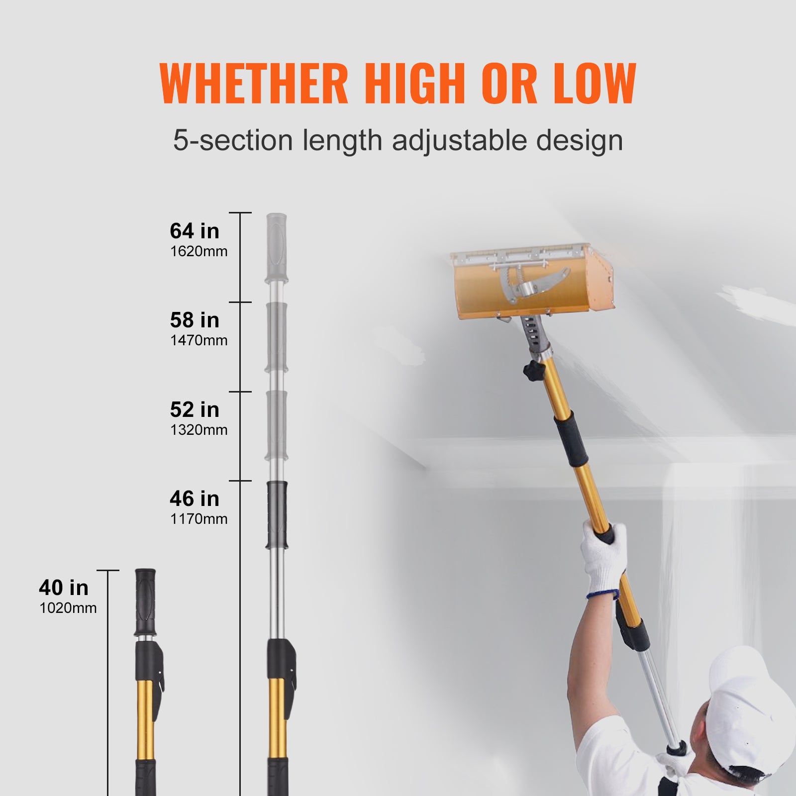 VEVOR Drywall Flat Box Handle, , Anodized Aluminum Flat Finishing Extension Handle, 5-Section Length Adjustable, Non-slip Grip And  Painting For Plasterboard, Wallboard, Sheetrock