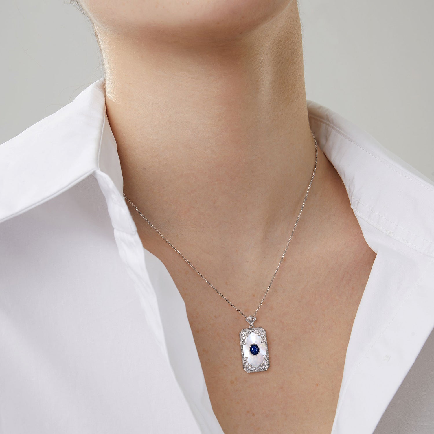 S925 Silver Inlaid Sapphire Necklace With Vintage Pattern Pendant Designed By A Natural Female Belle Pendant