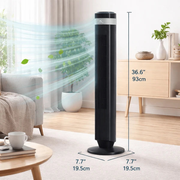 The Bedroom Is Equipped With A Silent Tower-type Fan, A 28-decibel Standing Fan, Intelligent Automatic Mode, And A 64' Swivel Bladeless Cooling Fan.