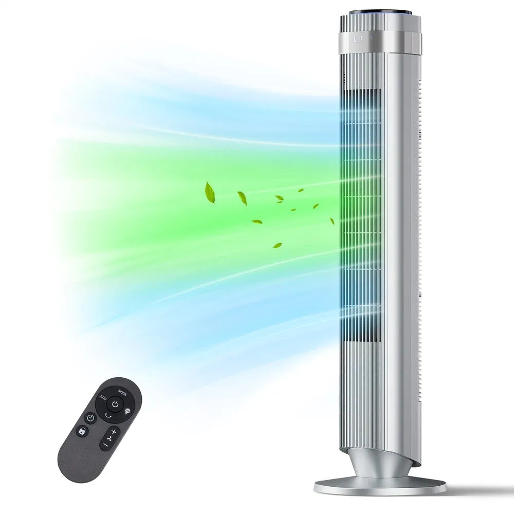 The Bedroom Is Equipped With A Silent Tower-type Fan, A 28-decibel Standing Fan, Intelligent Automatic Mode, And A 64' Swivel Bladeless Cooling Fan.