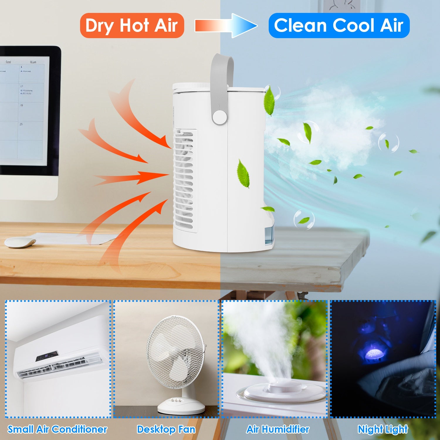 Portable Air Conditioner Fan Evaporative Humidifier 3 Speed Spray Personal Cold Mist Air Cooler Desk Table Fan Water Tank Night Light Adjustable Angel Room Home Office