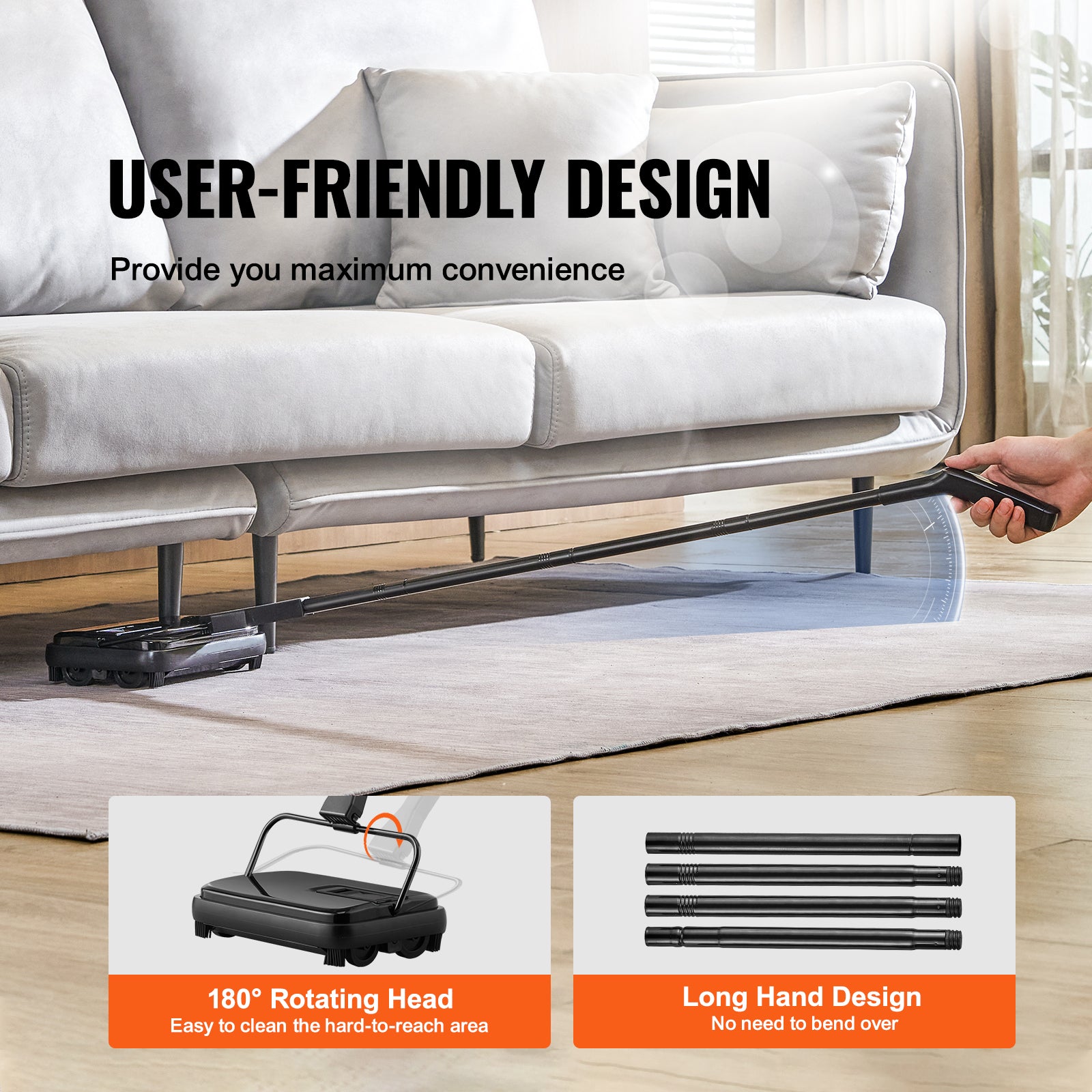 VEVOR Carpet Sweeper, 7.87 In Sweeping Paths, Floor Sweeper Manual Non Electric, 300 Ml Dustbin Capacity With Comb For Home Office Rugs Hardwood Surfaces Wood Floors Laminate, Cleans Dust Pet Hair