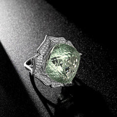 Ins Wind Luxury Crystal Ring Femininity Silver Set With Large Natural Green Crystal